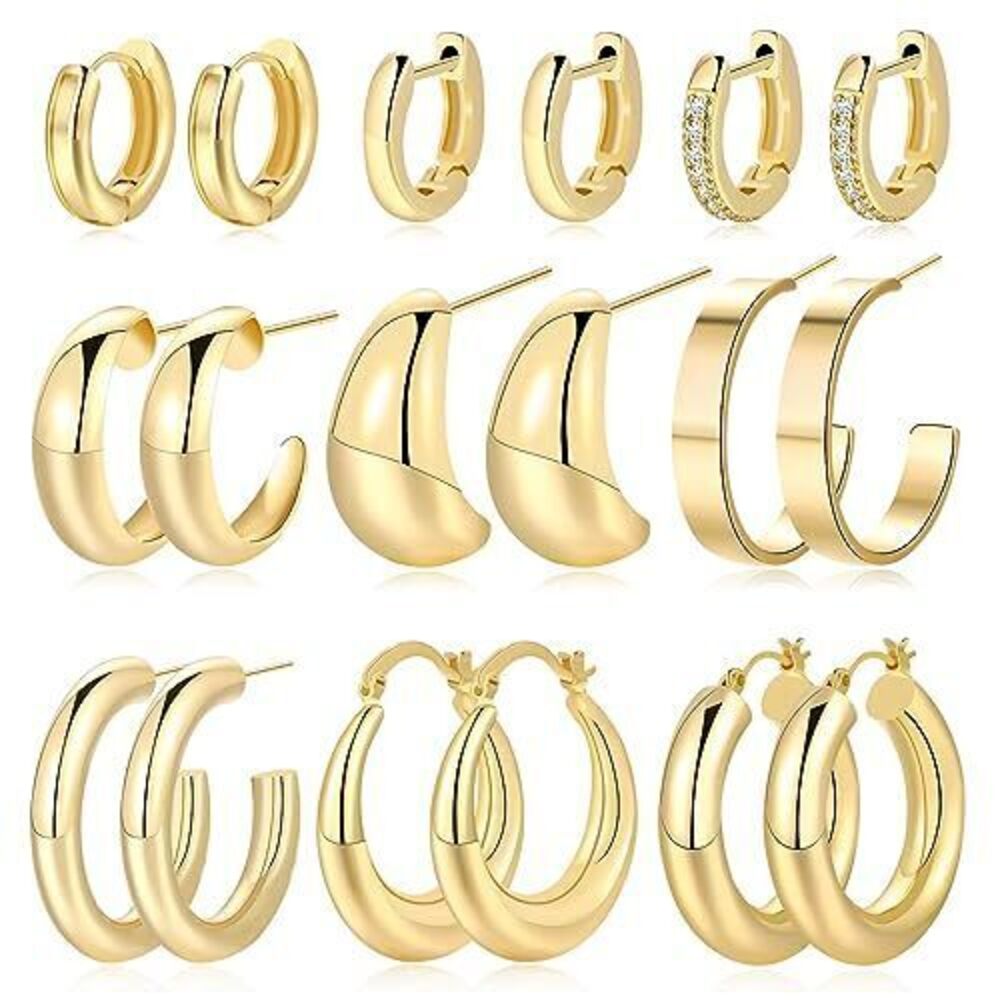 9492 9 Pairs Chunky Gold Hoop Earrings Set , 18K Gold Plated Hypoallergenic